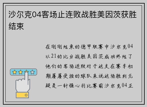 沙尔克04客场止连败战胜美因茨获胜结束
