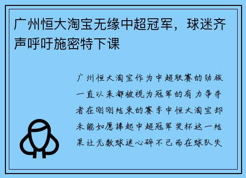 广州恒大淘宝无缘中超冠军，球迷齐声呼吁施密特下课